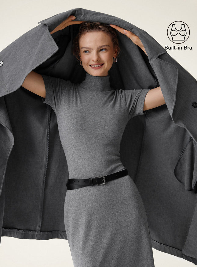 Soft Thermal Mockneck Short Sleeve Built-In Bra Top