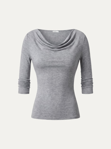 Lyocell-Wool Cowl Neck 3/4 Sleeve Ruched Cuff Top