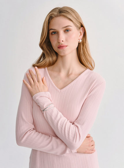 Cotton-Viscose V-Neck Long Sleeve Top