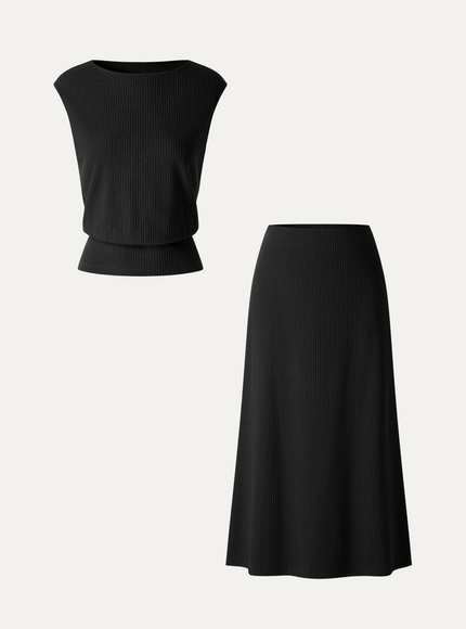 2Pcs Set Boatneck Sleeveless Top & Mid-Rise A-Line Midi Skirt
