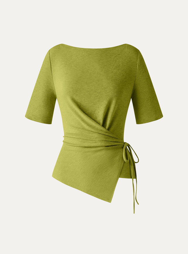 Slash Neck Short Sleeve Tie-Side Top