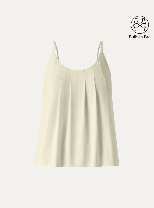 U-Neck Pleated Spaghetti Built-In Bra Tank