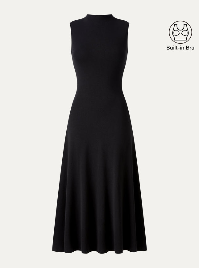 Mock Neck Sleeveless A-Line Midi Built-In Bra Dress