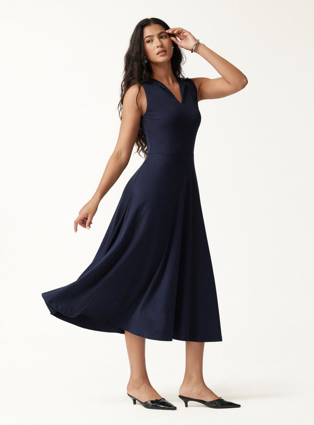 Ribbed Collared V-Neck Sleeveless A-Line Midi Built-In Bra Dress with Pockets
