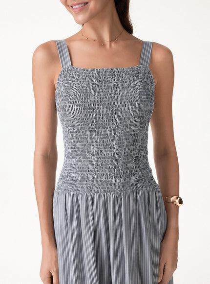Striped Poplin Square Neck Smocked Midi Built-In Bra Dress