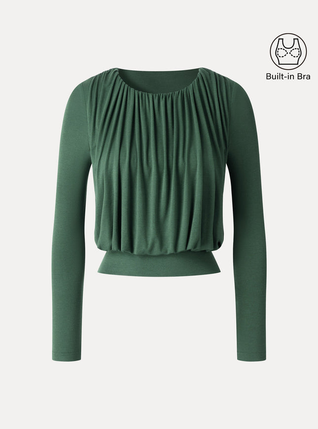 Lyocell-Wool Round Neck Long Sleeve Tucked Built-In Bra Top