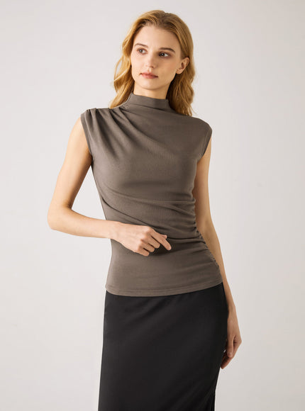 Mock Neck Sleeveless Ruched Top