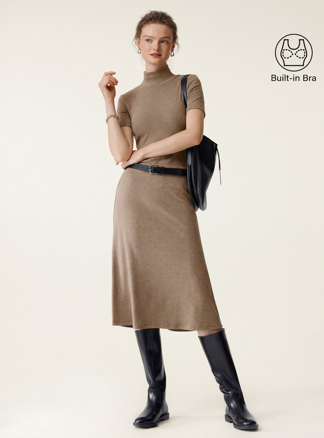 2Pcs Set Mockneck Built-In Bra Top & Pull-On Midi Skirt