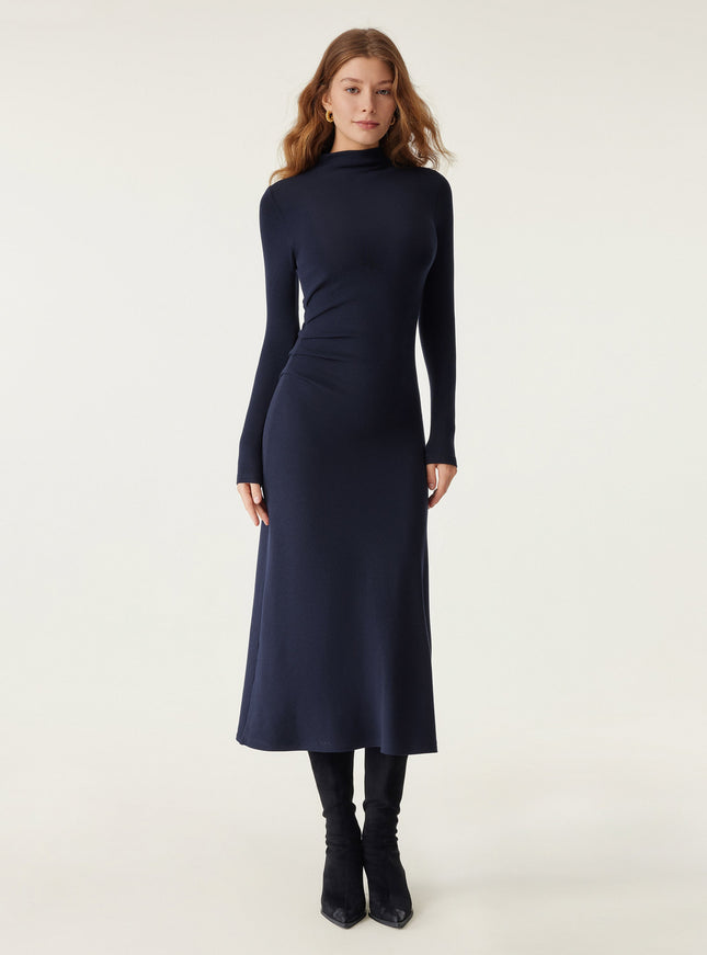 Mock Neck Long Sleeve Ruched Mermaid Midi Dress