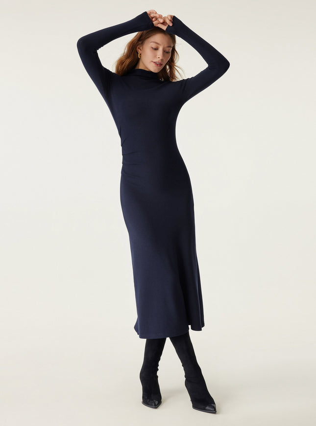 Mock Neck Long Sleeve Ruched Mermaid Midi Dress