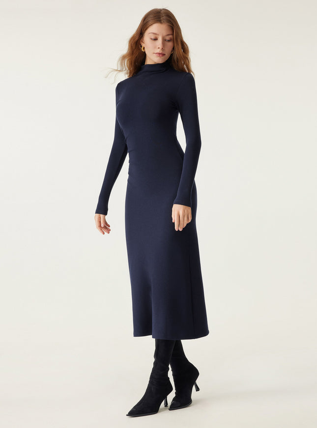 Mock Neck Long Sleeve Ruched Mermaid Midi Dress