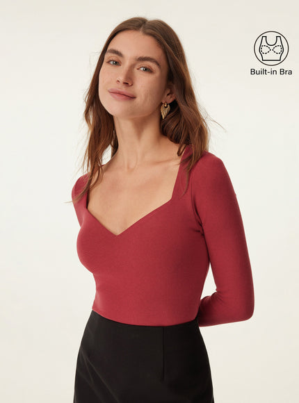 Diamond Neck Long Sleeve Built-In Bra Top