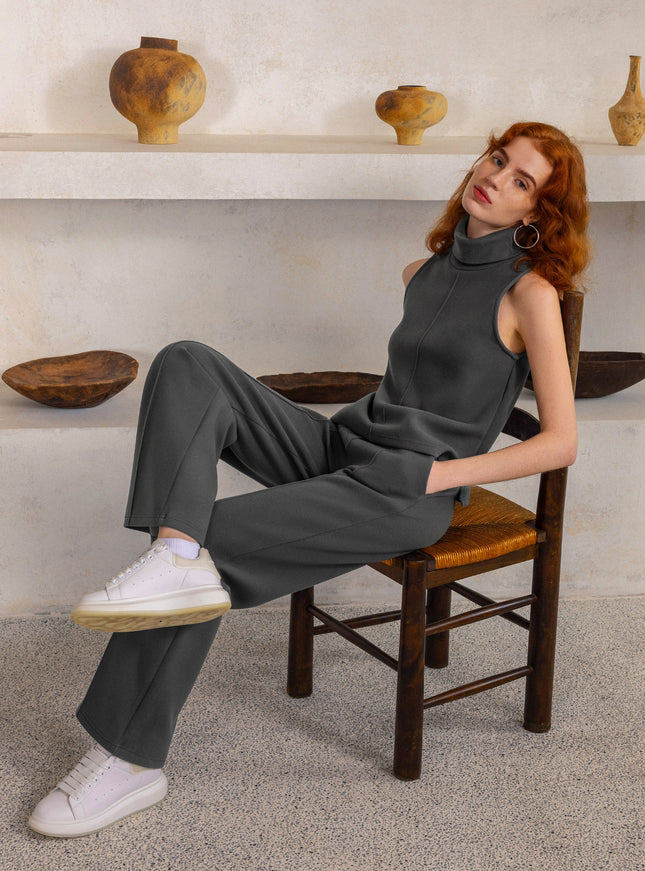 2Pcs Set Regular Split Hem Top & High Waisted Warm Straight Leg Pull On Pant