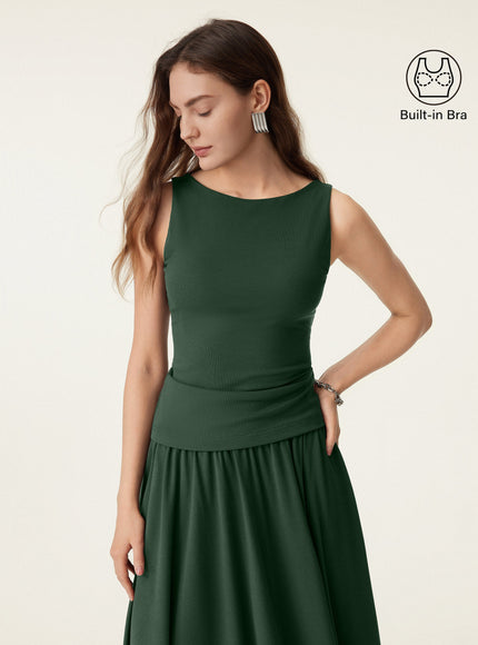 Stretch Cotton Boatneck Built-In Bra Tank