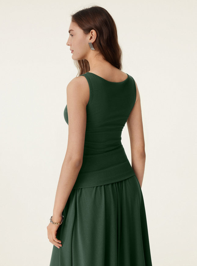 Stretch Cotton Boatneck Built-In Bra Tank