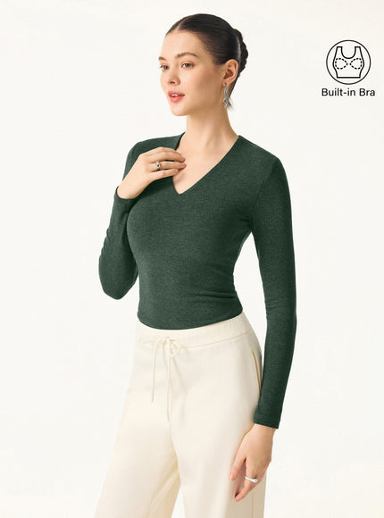 V-Neck Long Sleeve Built-In Bra Top
