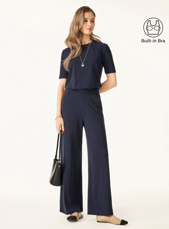2Pcs Set Petite Wide Leg Pant with Pockets & Crewneck Built-In Bra Top