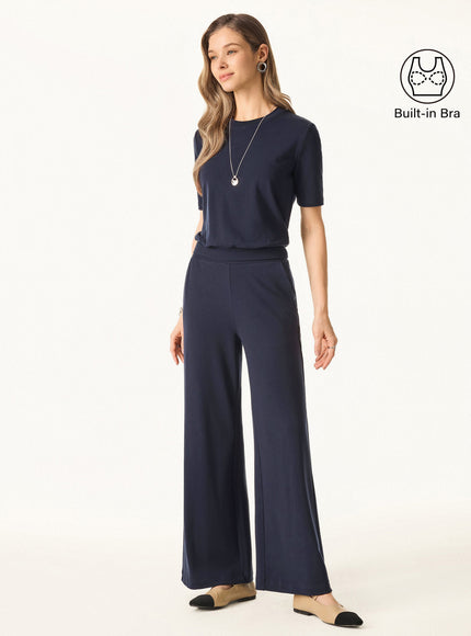 2Pcs Set Petite Wide Leg Pant with Pockets & Crewneck Built-In Bra Top
