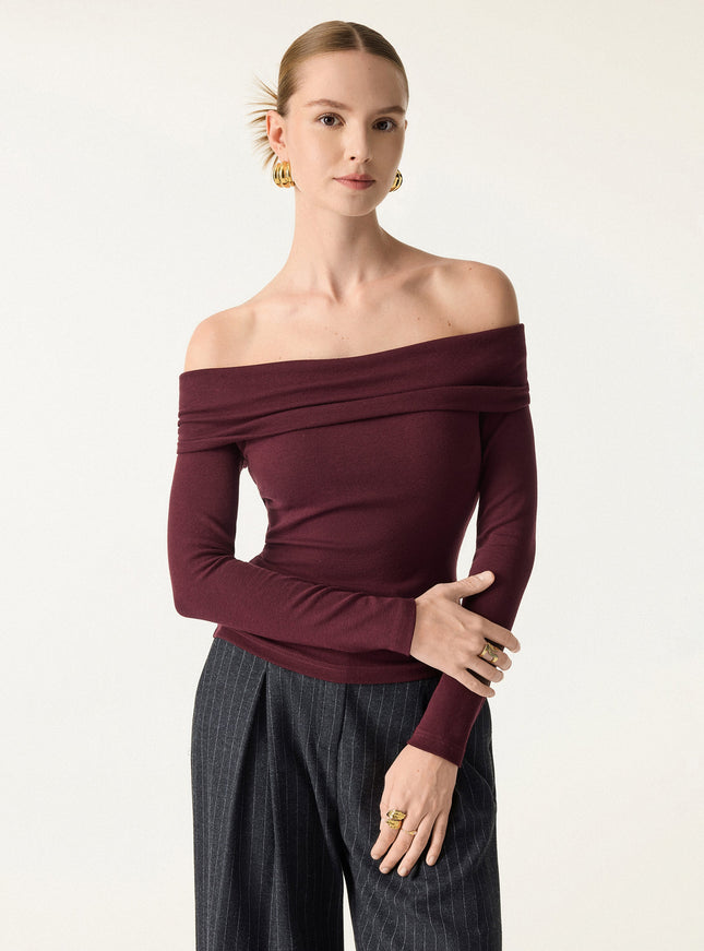 Convertible Neck Long Sleeve Built-In Bra Top