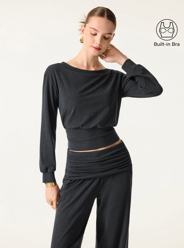Non-Itchy Wool Blend Boatneck Built-In Bra Top