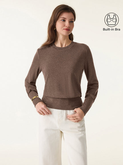 Elevated Crewneck Brushed Built-In Bra Top with Banded Hem