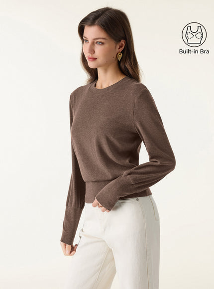Elevated Crewneck Brushed Built-In Bra Top with Banded Hem