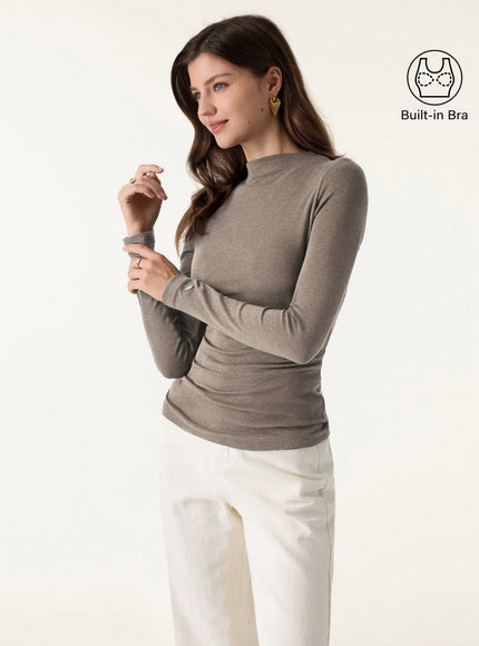 Mockneck Long Sleeve Built-In Bra Top - Forest Night