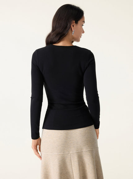 V-Neck Long Sleeve Side-Tuck Built-In Bra Top