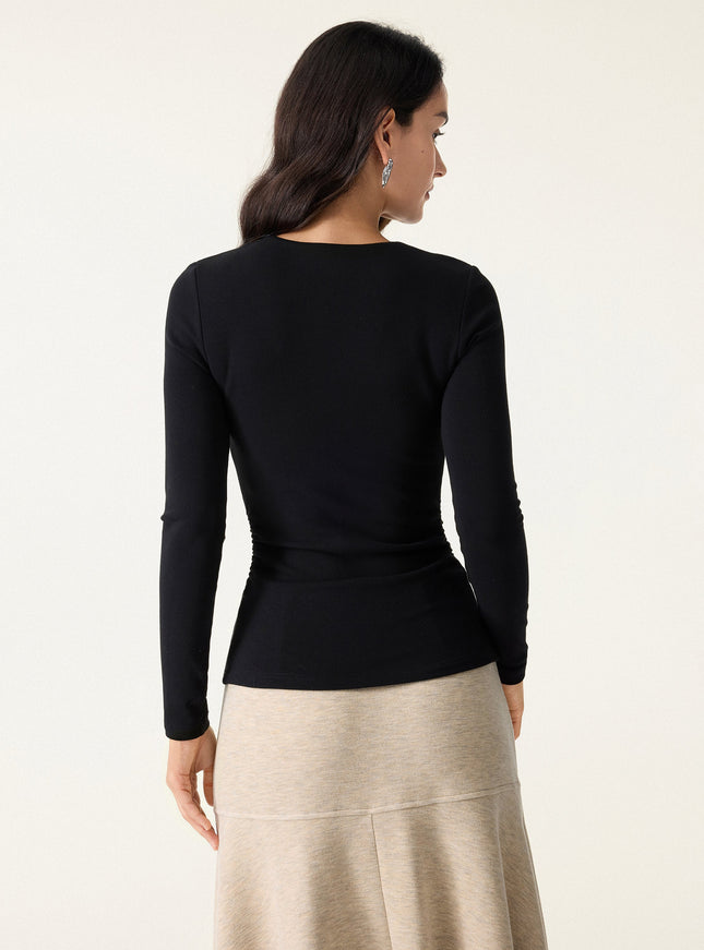 V-Neck Long Sleeve Side-Tuck Built-In Bra Top