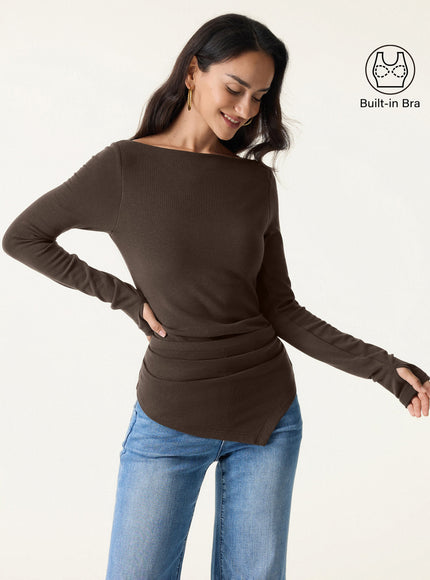 Boatneck Side Tucks Asymmetrical Built-In Bra Top