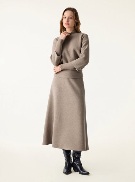 2Pcs Set Mockneck Sleeve-Warmer Top & Midi A-line Circle Skirt