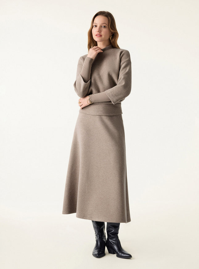 2Pcs Set Mockneck Sleeve-Warmer Top & Midi A-line Circle Skirt