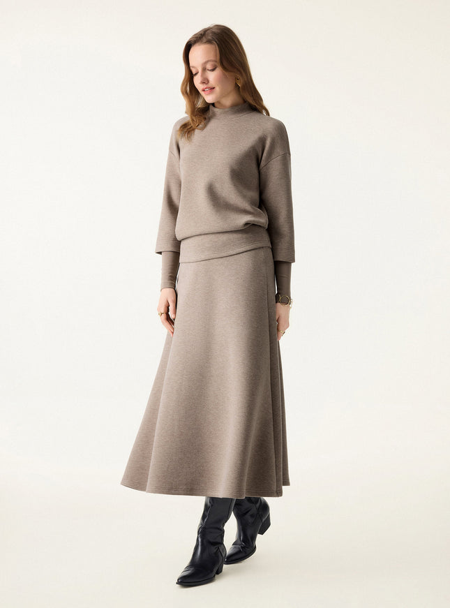 2Pcs Set Mockneck Sleeve-Warmer Top & Midi A-line Circle Skirt