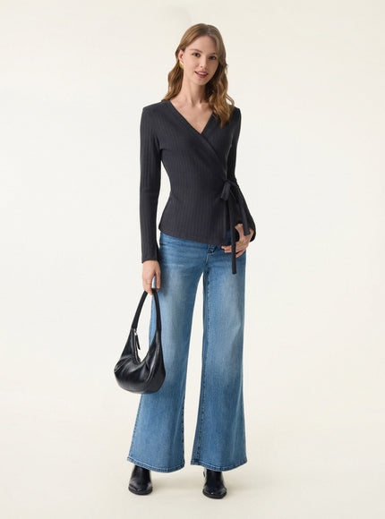 MaxWarm Wide Ribbed Crossover Long Sleeve Tie-Waist Top