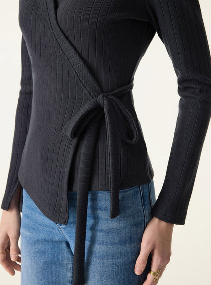 MaxWarm Wide Ribbed Crossover Long Sleeve Tie-Waist Top
