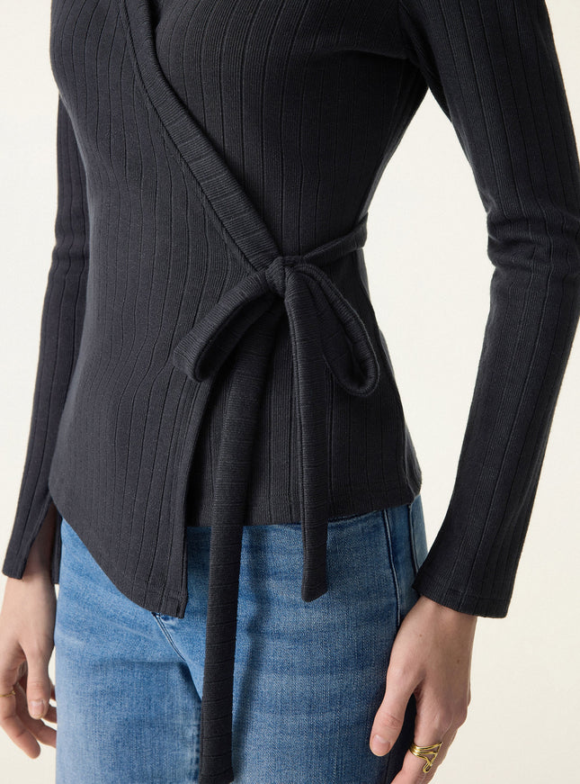 MaxWarm Wide Ribbed Crossover Long Sleeve Tie-Waist Top