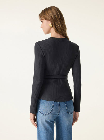 MaxWarm Wide Ribbed Crossover Long Sleeve Tie-Waist Top