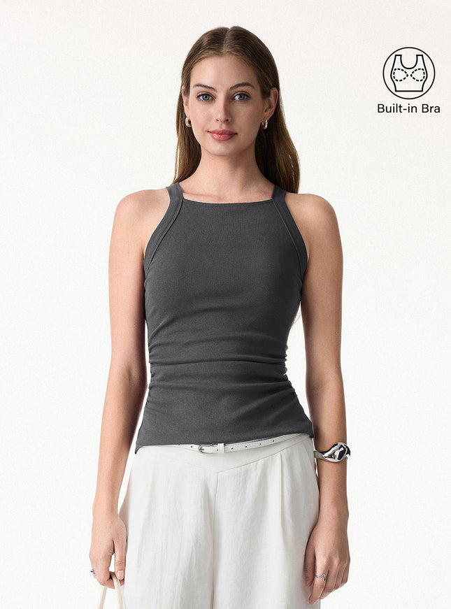Chic Square Neck Ruched Rib Built-In Bra Tank