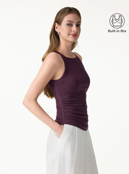 Chic Square Neck Ruched Rib Built-In Bra Tank