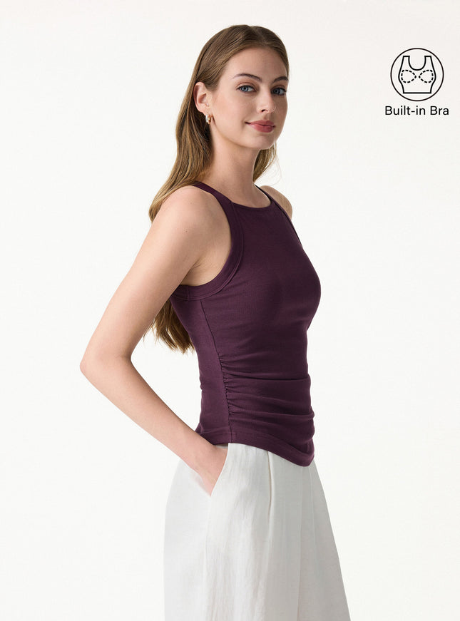 Chic Square Neck Ruched Rib Built-In Bra Tank