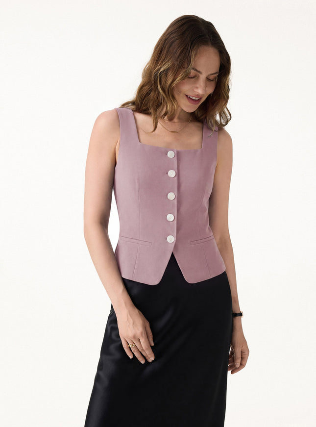 Stretch Ponte Square Neck Cropped Waistcoat with Pockets