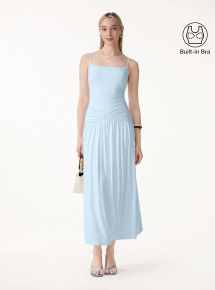 Not-See-Thru Spaghetti Gathered Maxi Built-In Bra Dress