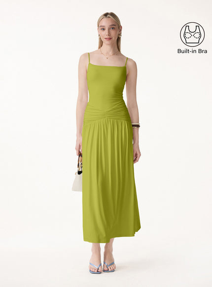 Not-See-Thru Spaghetti Gathered Maxi Built-In Bra Dress