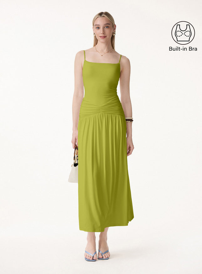 Not-See-Thru Spaghetti Gathered Maxi Built-In Bra Dress