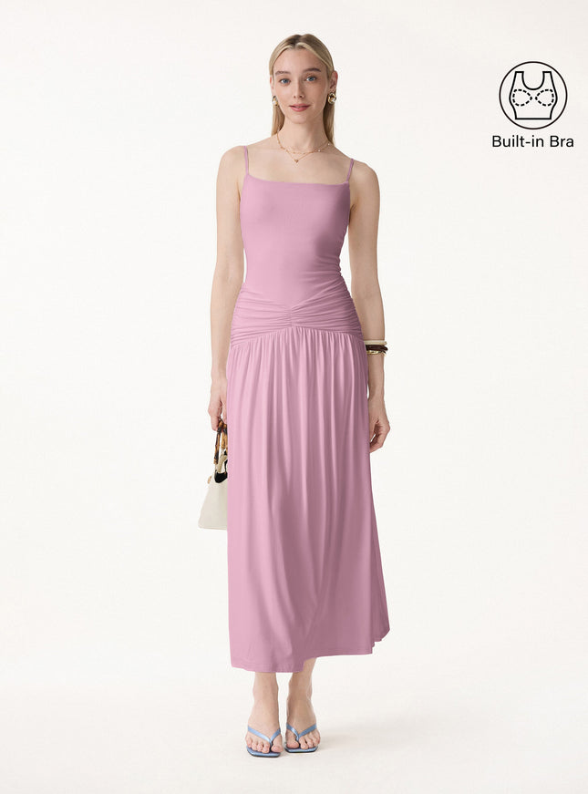 Not-See-Thru Spaghetti Gathered Maxi Built-In Bra Dress