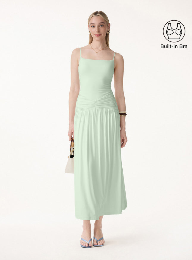 Not-See-Thru Spaghetti Gathered Maxi Built-In Bra Dress