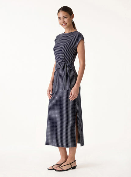 Striped Relaxed Midi Dress with Self-Tie