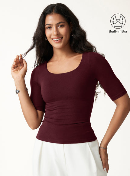 Essential Elbow Length Sleeve Square Neck Built-In Bra Tops
