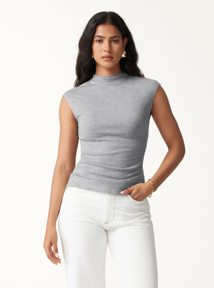 Lyocell-Wool Mock Neck Sleeveless Top