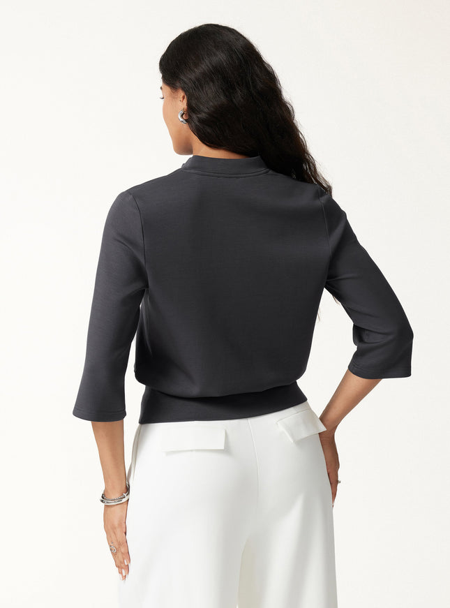 2Pcs Set V-Neck Elbow Sleeve Top & High-Rise Wide Leg Pants with Pockets
